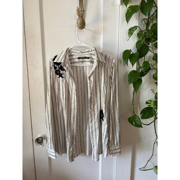 Lauren Ralph Lauren women’s size medium black and white striped embroidered top - Picture 1 of 8